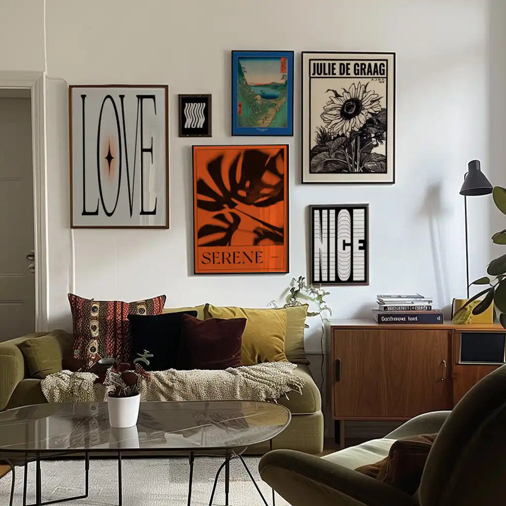 Eklektyczna ściana galerii.