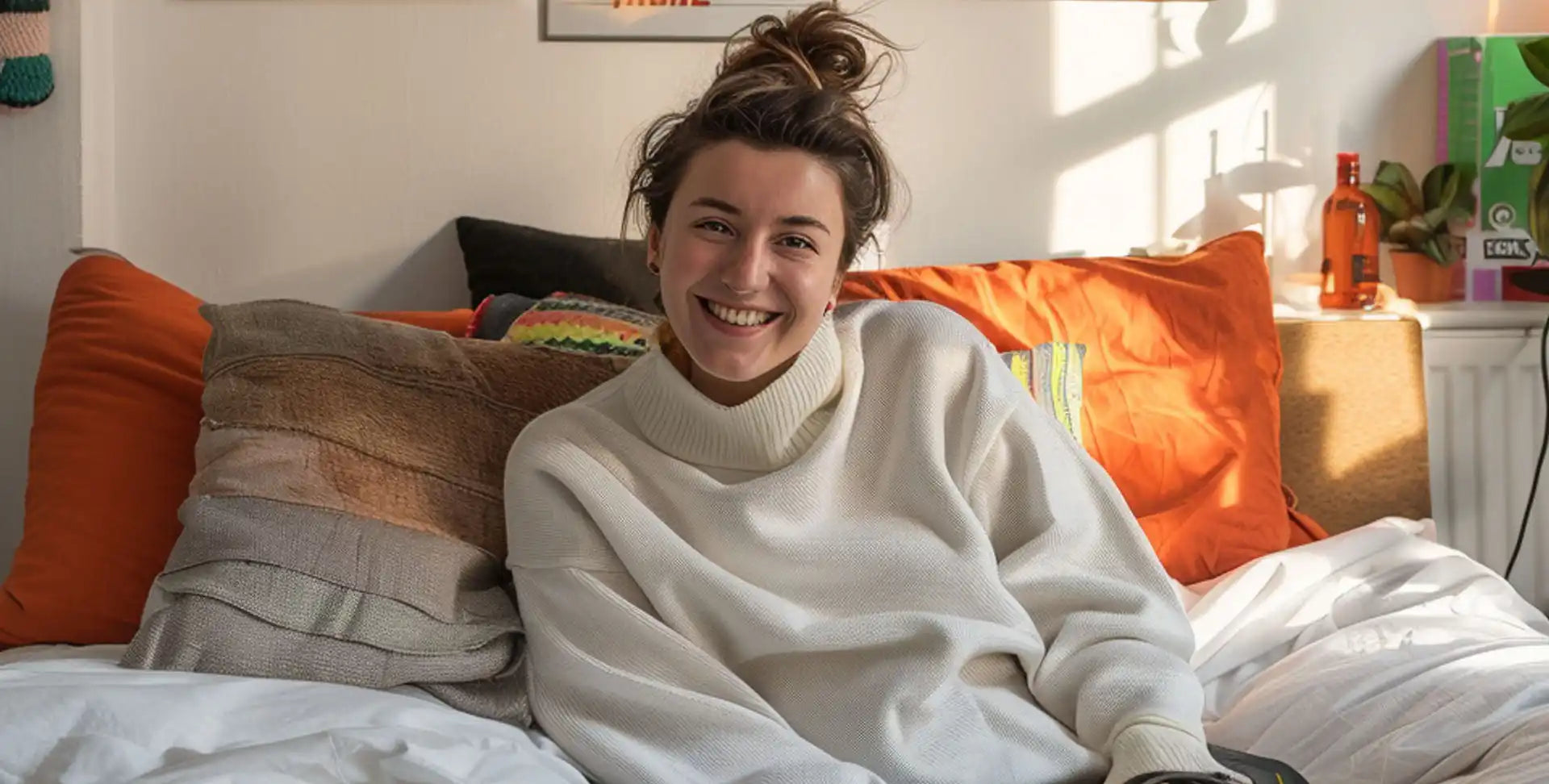 Uśmiechnięta kobieta w białym swetrze z golfem.